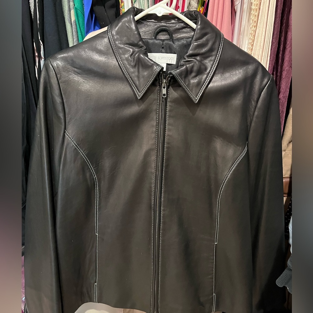 Petite Sophisticate, black leather jacket